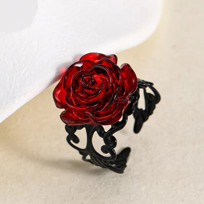 Gothic Rose Ring, Red Rose Black Vine Jewelry for Women