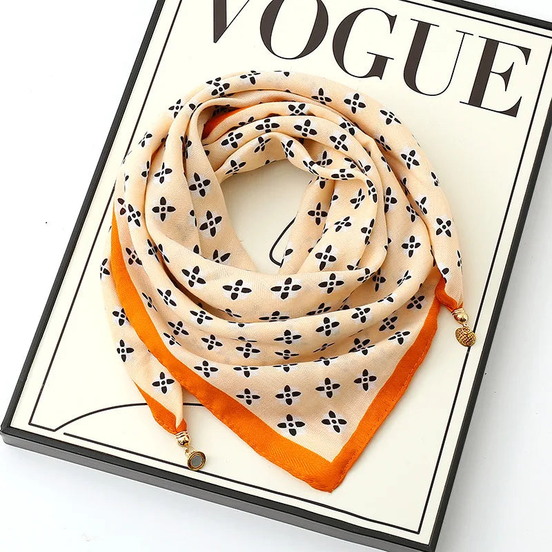 Silk Scarf for Women with Magnetic Buckle, Printed Square Design