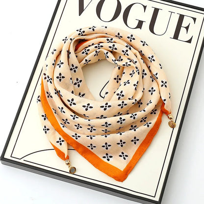 Silk Scarf for Women with Magnetic Buckle, Printed Square Design