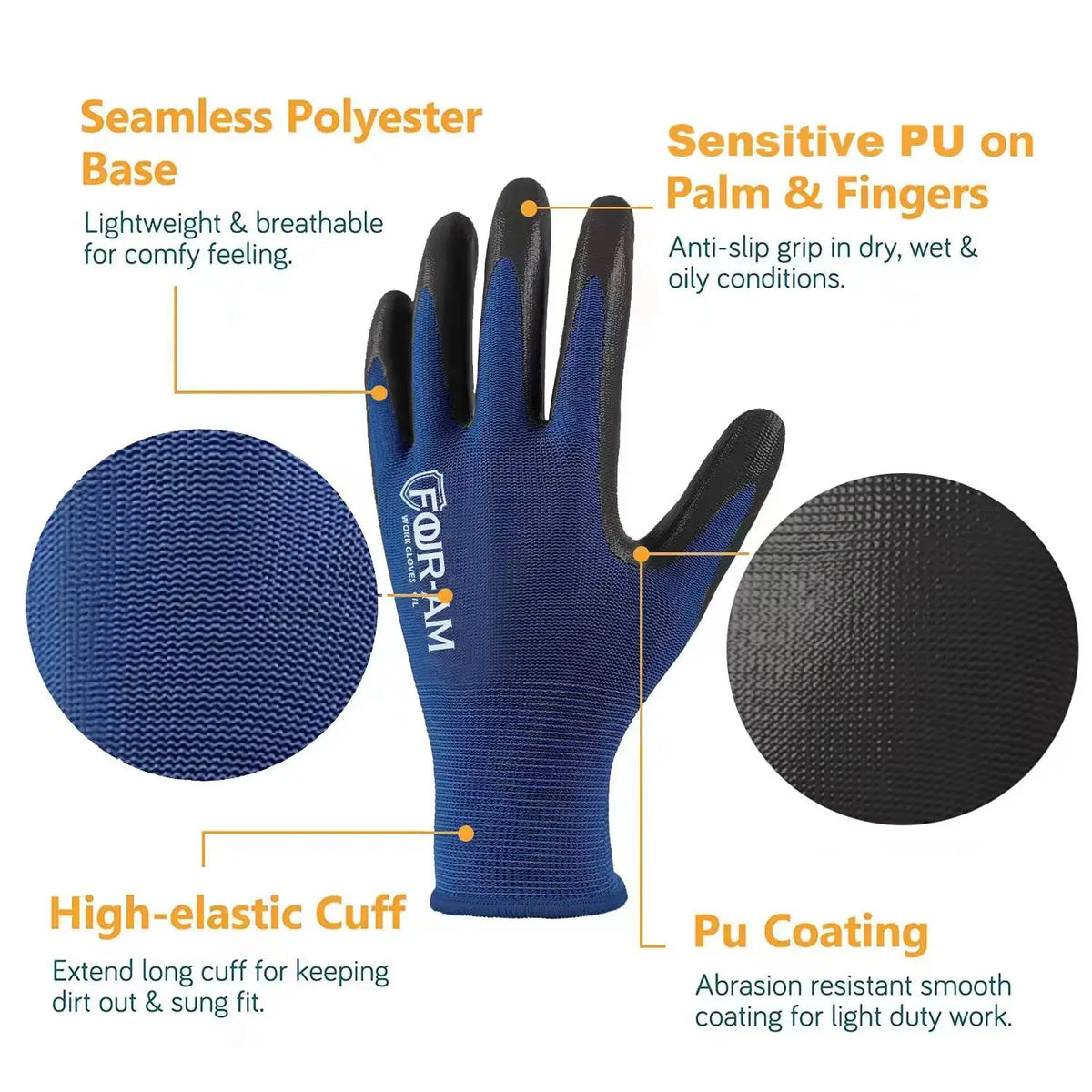 PU Coated Work Gloves, Ultra-Thin Nylon Grip Gloves, 3 Pairs
