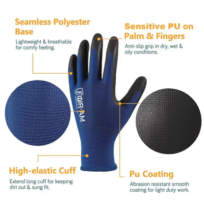 PU Coated Work Gloves, Ultra-Thin Nylon Grip Gloves, 3 Pairs