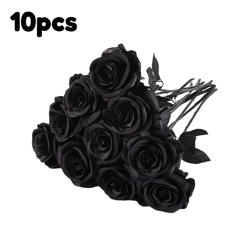 Artificial Black Roses Long Stem Fake Flowers for Halloween Decor