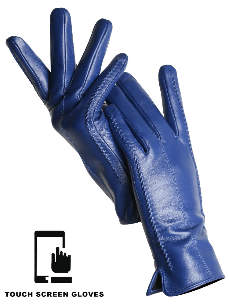 Women's Leather Winter Gloves, Sheepskin Touch Screen Driving