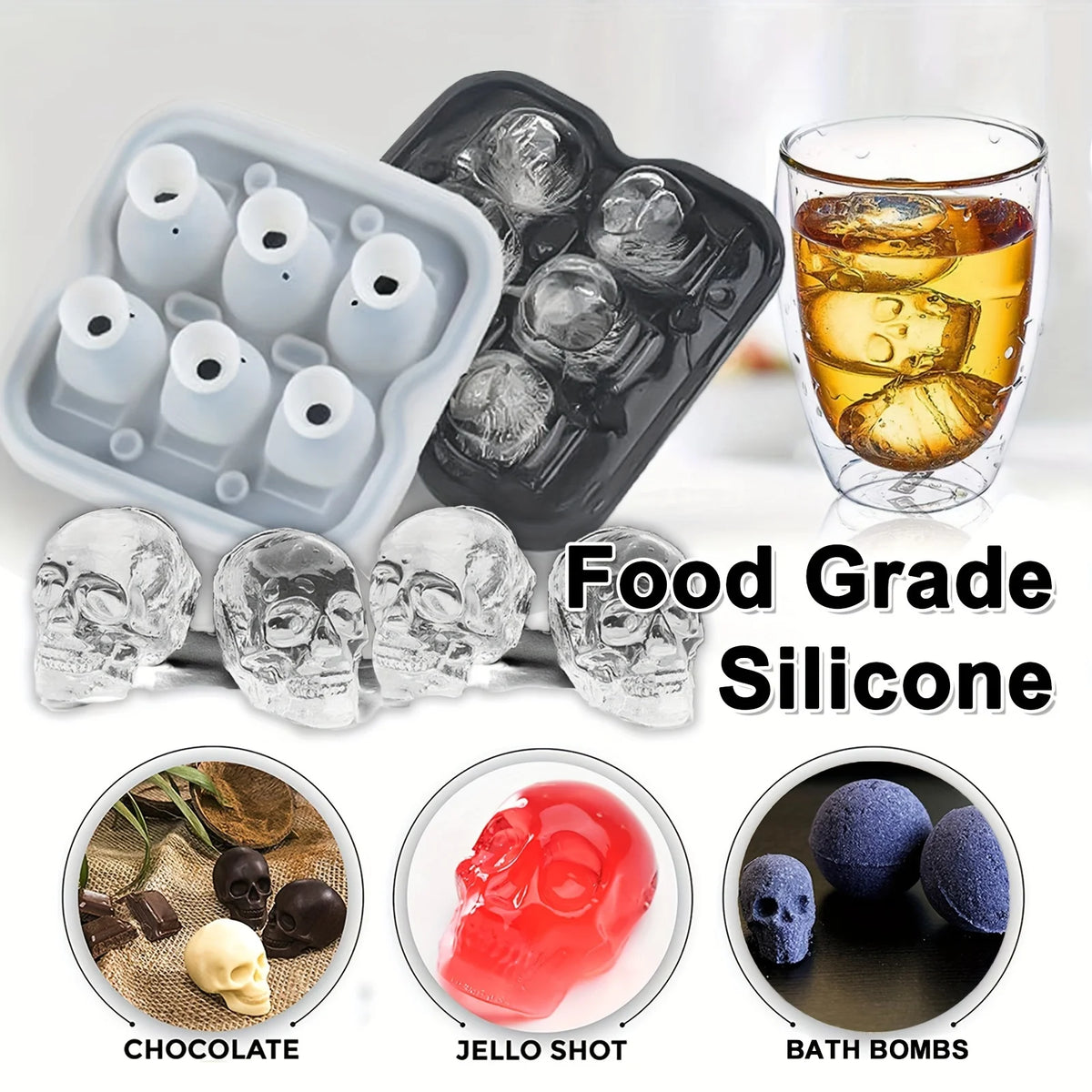Skull Ice Cube Mold, 3D Silicone Ice Ball Maker for Drinks
