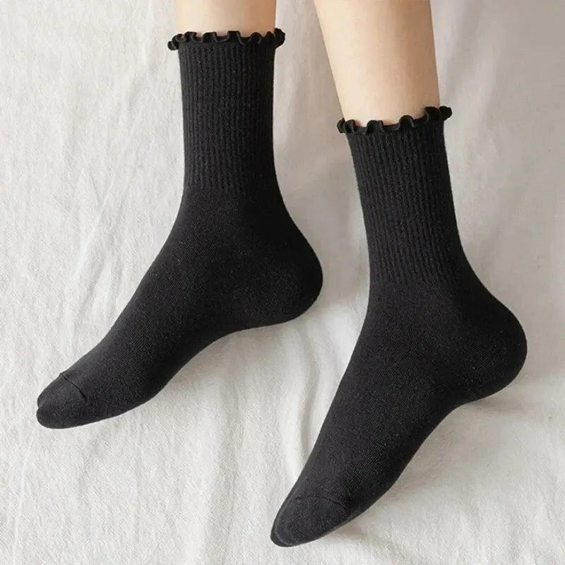 Women’s Ruffle Socks Breathable Mid Tube 5-Pair Set