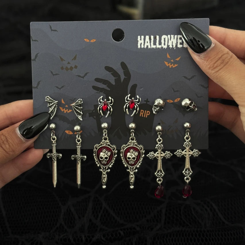Halloween Gothic Earrings, Red Crystal Skull Drop Jewelry