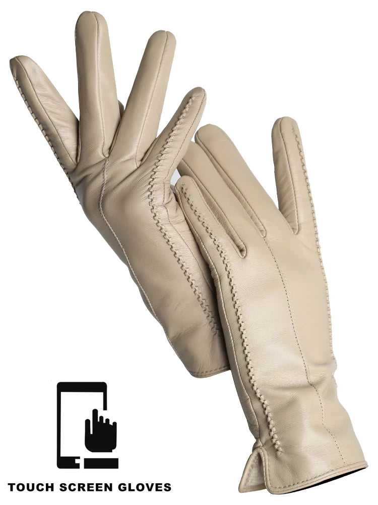 Women's Leather Winter Gloves, Sheepskin Touch Screen Driving
