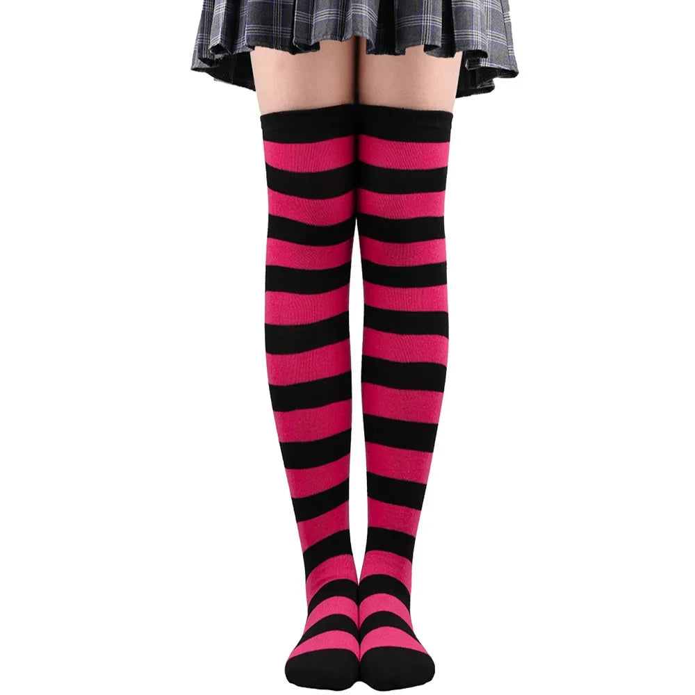 Women's Striped Thigh High Stockings – Black, White & Pink