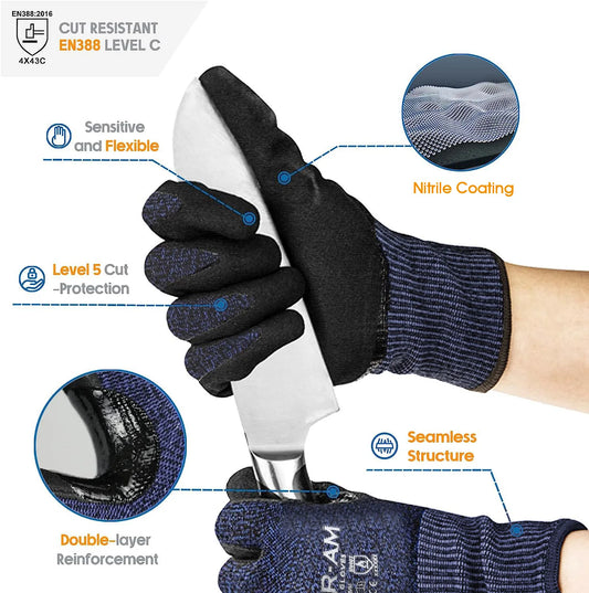 Cut Resistant Gloves – Nitrile Coated Work Gloves with Grip