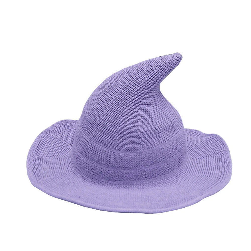 Halloween Witch Hat Long Point Knitted Cap with Wide Brim for Adults