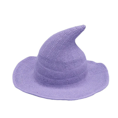 Halloween Witch Hat Long Point Knitted Cap with Wide Brim for Adults