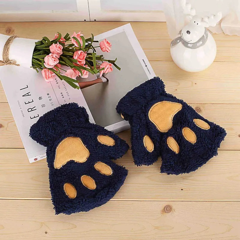 Fingerless Winter Gloves Plush Warm Mittens for Women and Girls
