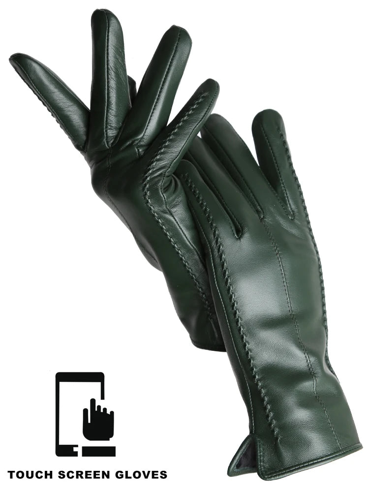 Women's Leather Winter Gloves, Sheepskin Touch Screen Driving