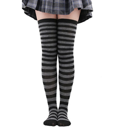 Women's Striped Thigh High Stockings – Black, White & Pink
