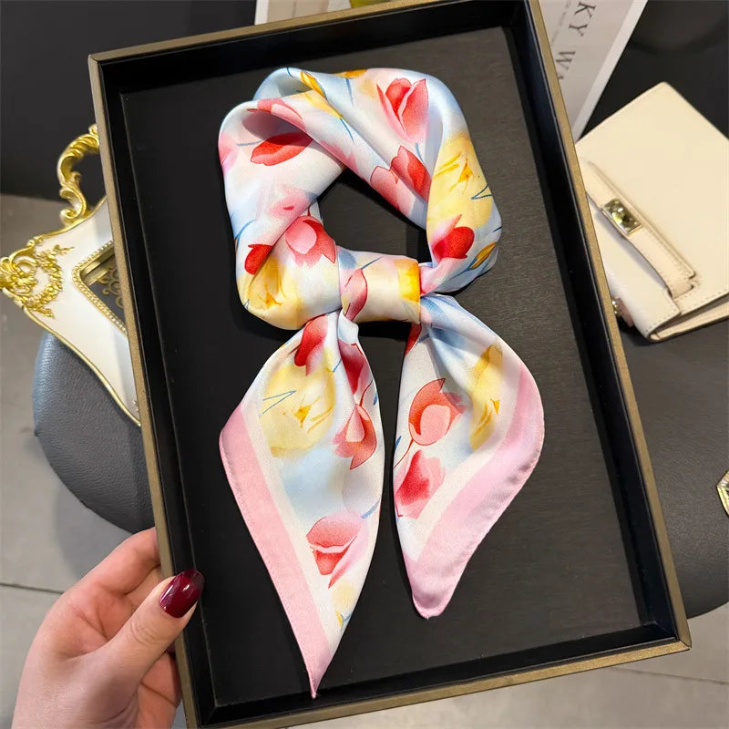 Silk Square Scarf 70x70cm Floral Satin Wrap for Women