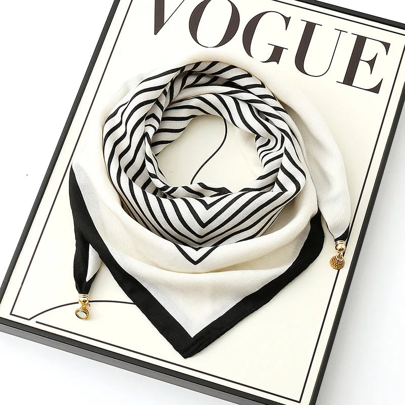 Silk Scarf for Women with Magnetic Buckle, Printed Square Design