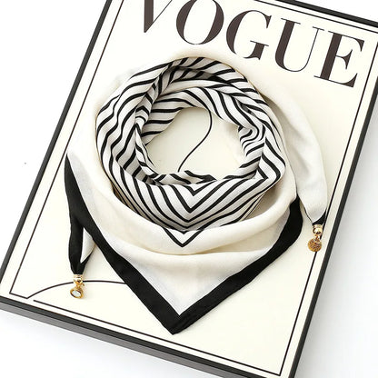 Silk Scarf for Women with Magnetic Buckle, Printed Square Design