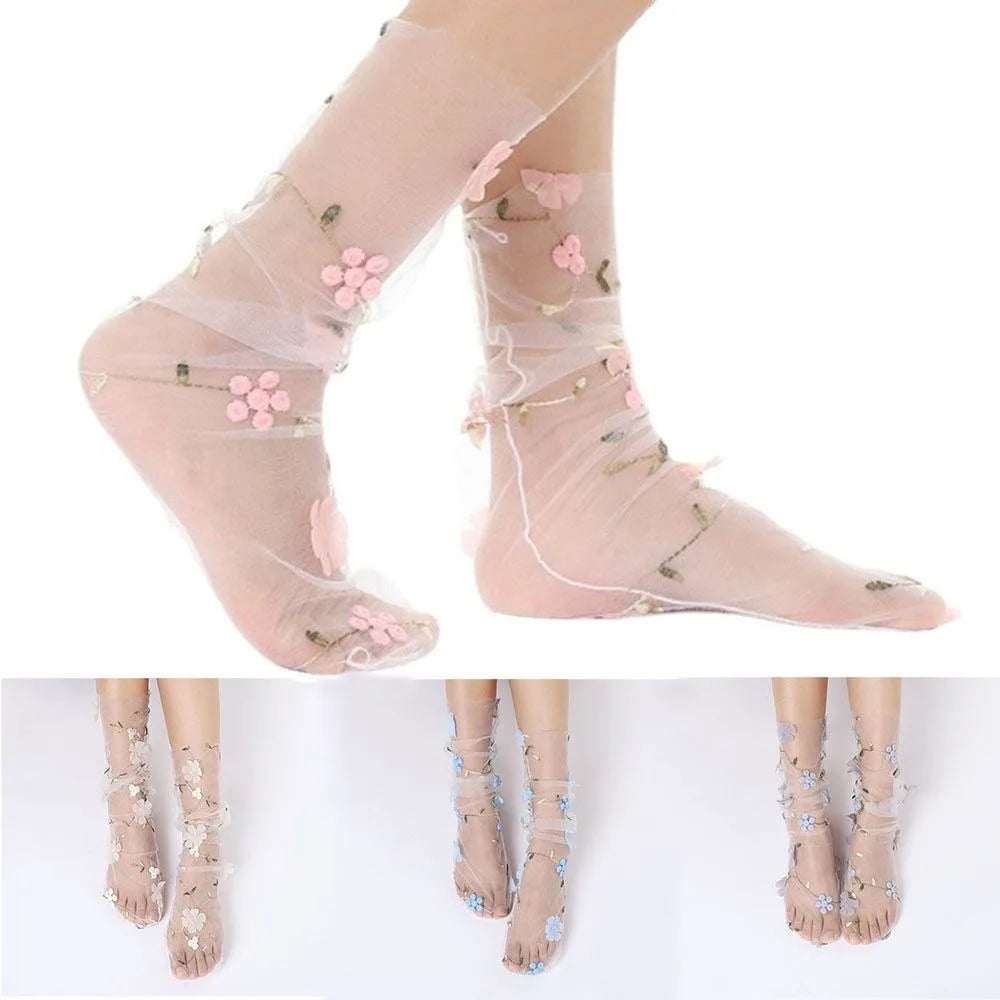 Women's Lace Socks, Sheer Floral Mesh Ankle Socks