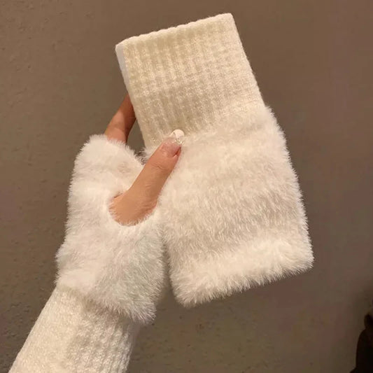 Women's Fingerless Gloves, Plush Warm Knitted Winter Mittens