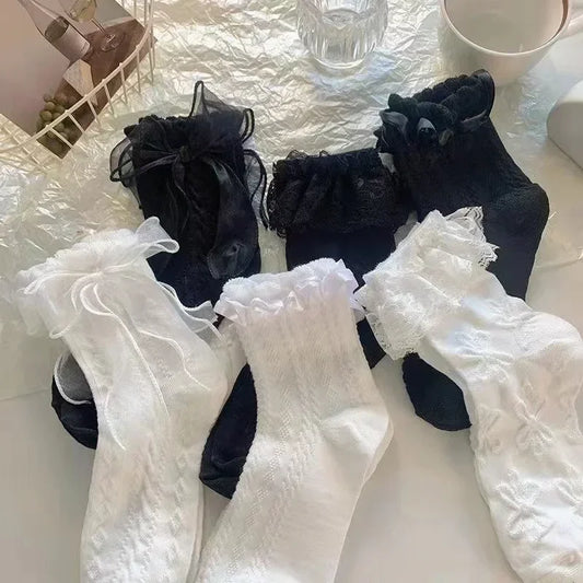 Lace Ruffle Socks for Women with Bow Detail – 2 Pairs