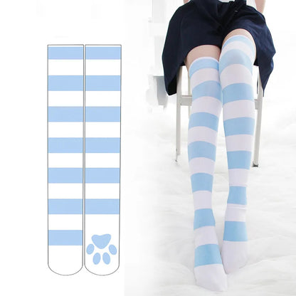Women's Over Knee Socks Pink Striped Cat Paw Print