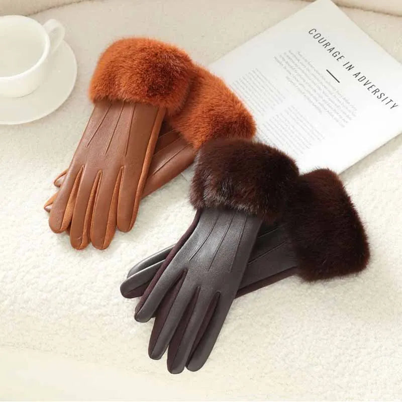 Women's Leather Gloves with Faux Fur Cuff, Touchscreen Winter Warmth