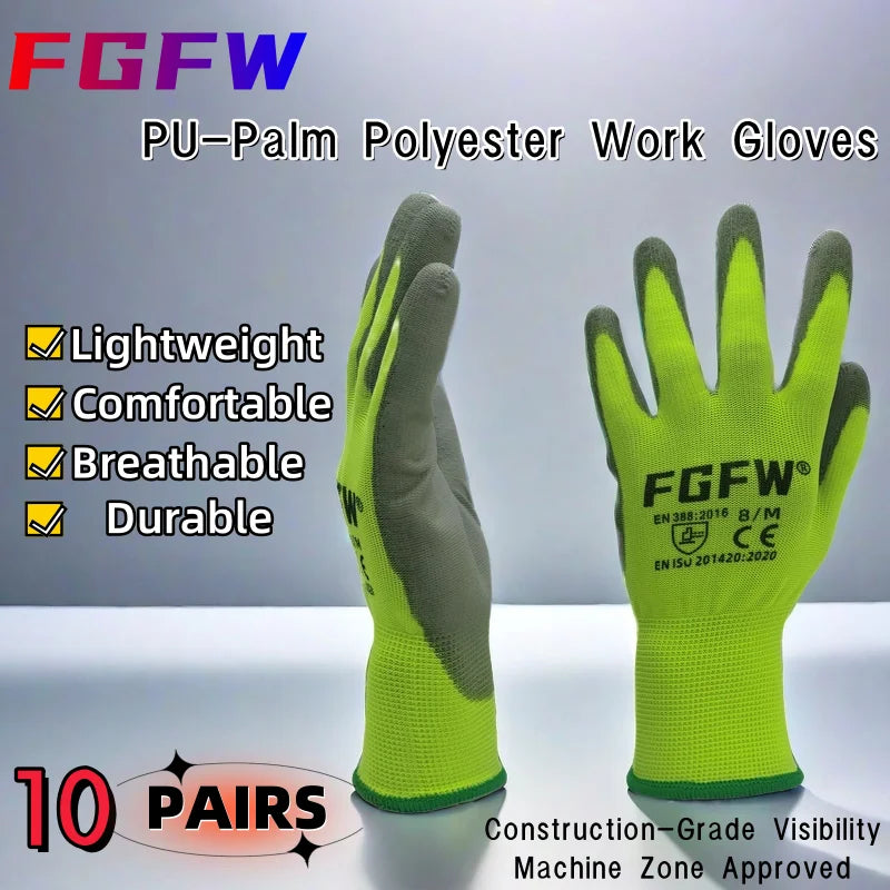 PU Coated Work Gloves Lightweight Anti-Slip Safety Gloves 10 Pairs