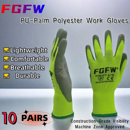 PU Coated Work Gloves Lightweight Anti-Slip Safety Gloves 10 Pairs