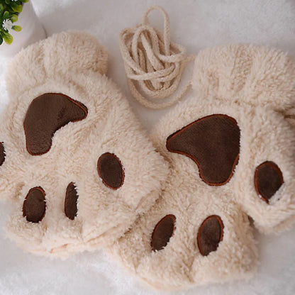 Fingerless Plush Gloves Warm Animal Paw Mittens for Adults