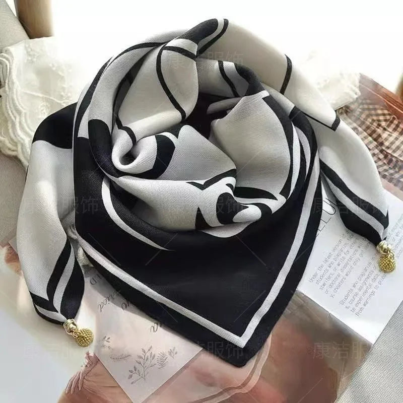Silk Scarf for Women with Magnetic Buckle, Printed Square Design