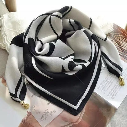 Silk Scarf for Women with Magnetic Buckle, Printed Square Design