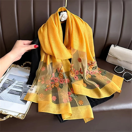 Women’s Silk Feel Scarf, Floral Embroidery Headscarf