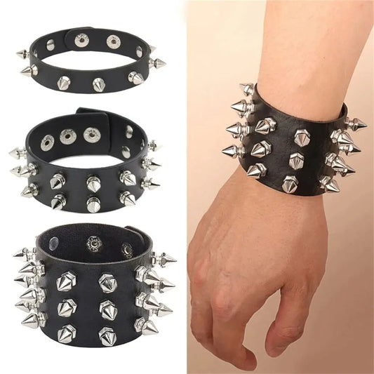 Punk Cuff Bracelet Black Studded Adjustable Wristband for Unisex Style
