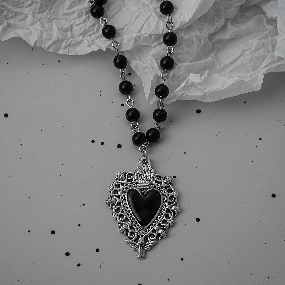 Gothic Pendant Necklace, Y2K Beaded Heart Design for Unisex Style