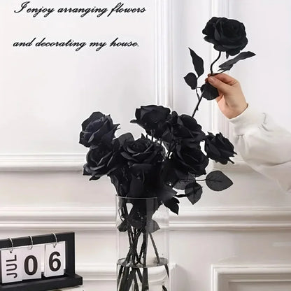 Artificial Black Roses Long Stem Fake Flowers for Halloween Decor