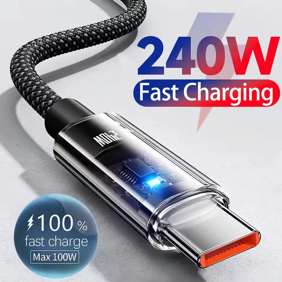 240W USB C Cable with LED Display – 5A Nylon Fast Charging