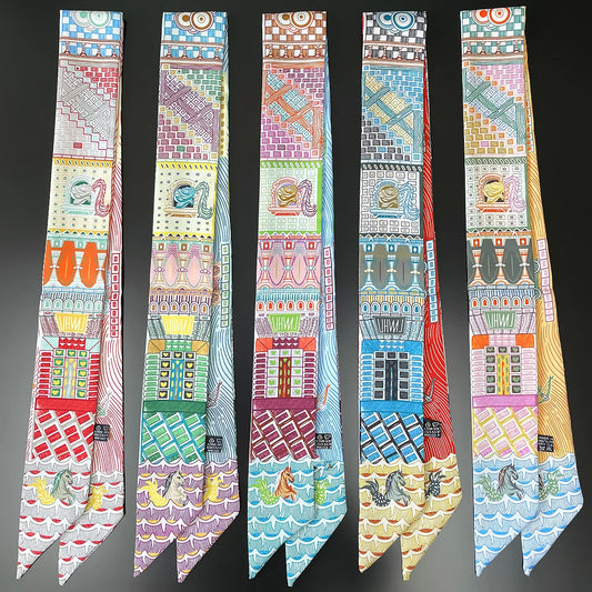 100% Silk Scarf for Women, 90×5cm Skinny Hair and Bag Scarf