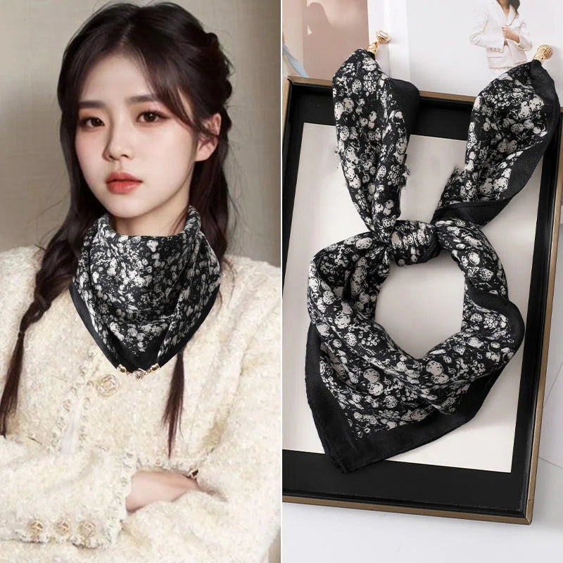 Silk Scarf for Women with Magnetic Buckle, Printed Square Design
