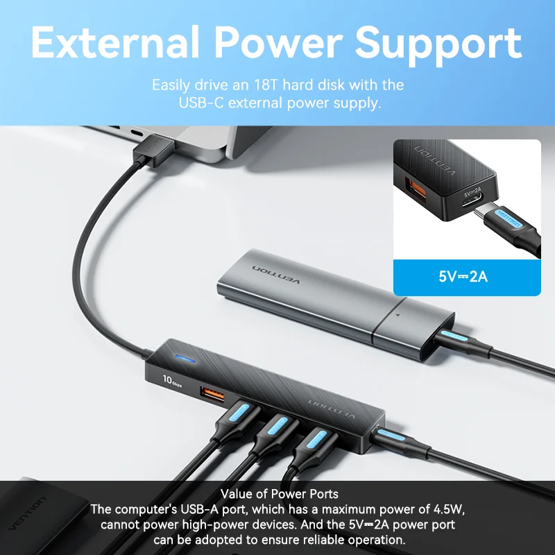USB 3.2 Hub 5-in-1 10Gbps USB-C USB-A Splitter Adapter