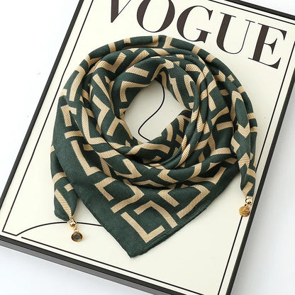 Silk Scarf for Women with Magnetic Buckle, Printed Square Design