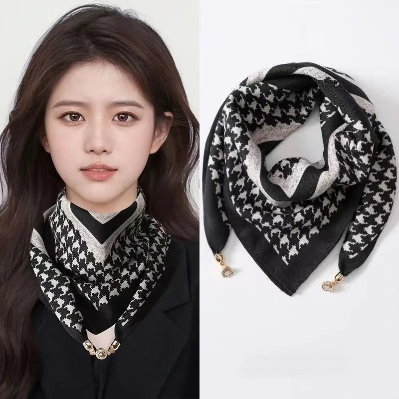 Silk Scarf for Women with Magnetic Buckle, Printed Square Design