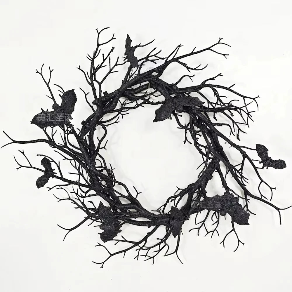 Halloween Bat Wreath with LED Light, Black Branch Door Decor