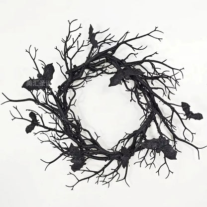 Halloween Bat Wreath with LED Light, Black Branch Door Decor