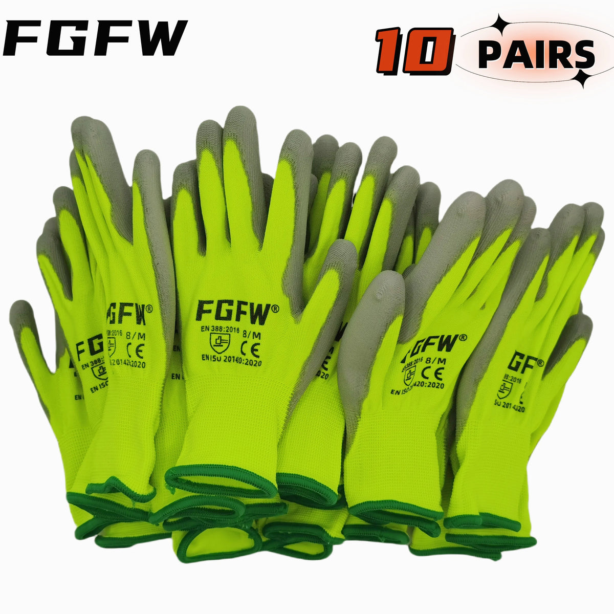 PU Coated Work Gloves Lightweight Anti-Slip Safety Gloves 10 Pairs