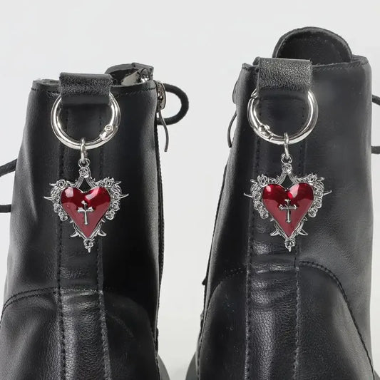 Shoe Charms, Gothic Rose Heart Cross Metal Shoe Pendants 2-Piece