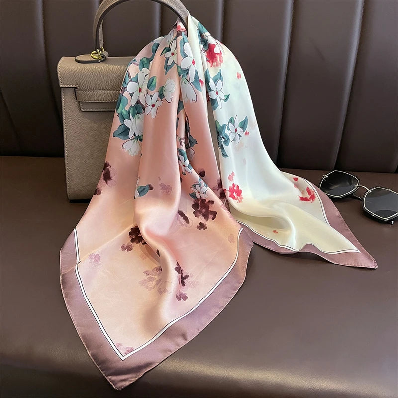 Silk Square Scarf 70x70cm Floral Satin Wrap for Women