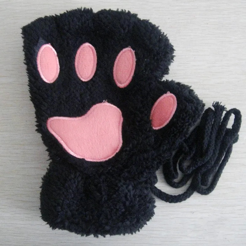 Fingerless Plush Gloves Warm Animal Paw Mittens for Adults