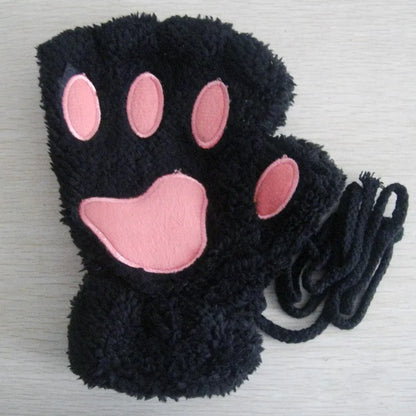 Fingerless Plush Gloves Warm Animal Paw Mittens for Adults