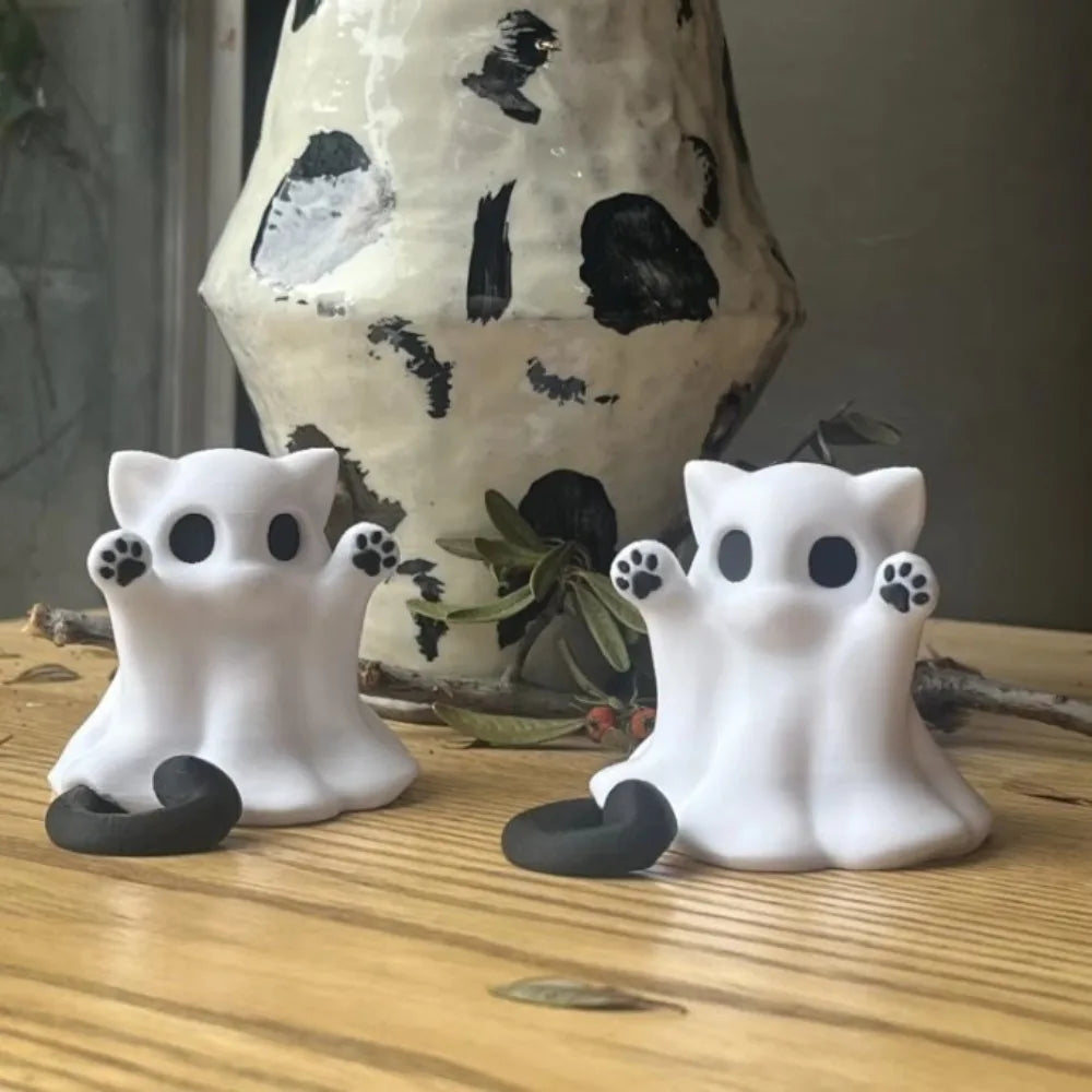 Cat Ghost Halloween Ornament, Mini PVC Figurine for Desktop Decor