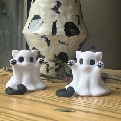 Cat Ghost Halloween Ornament, Mini PVC Figurine for Desktop Decor